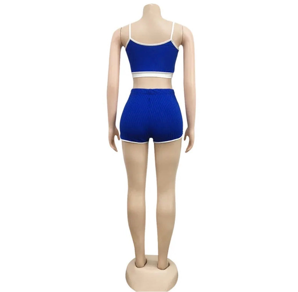Women Sexy Color Blocking Strap Crop Top And Shorts Two Piece Set