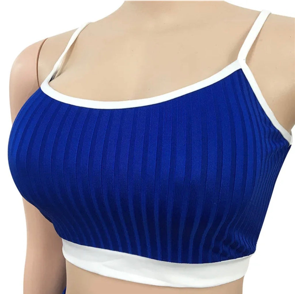 Women Sexy Color Blocking Strap Crop Top And Shorts Two Piece Set